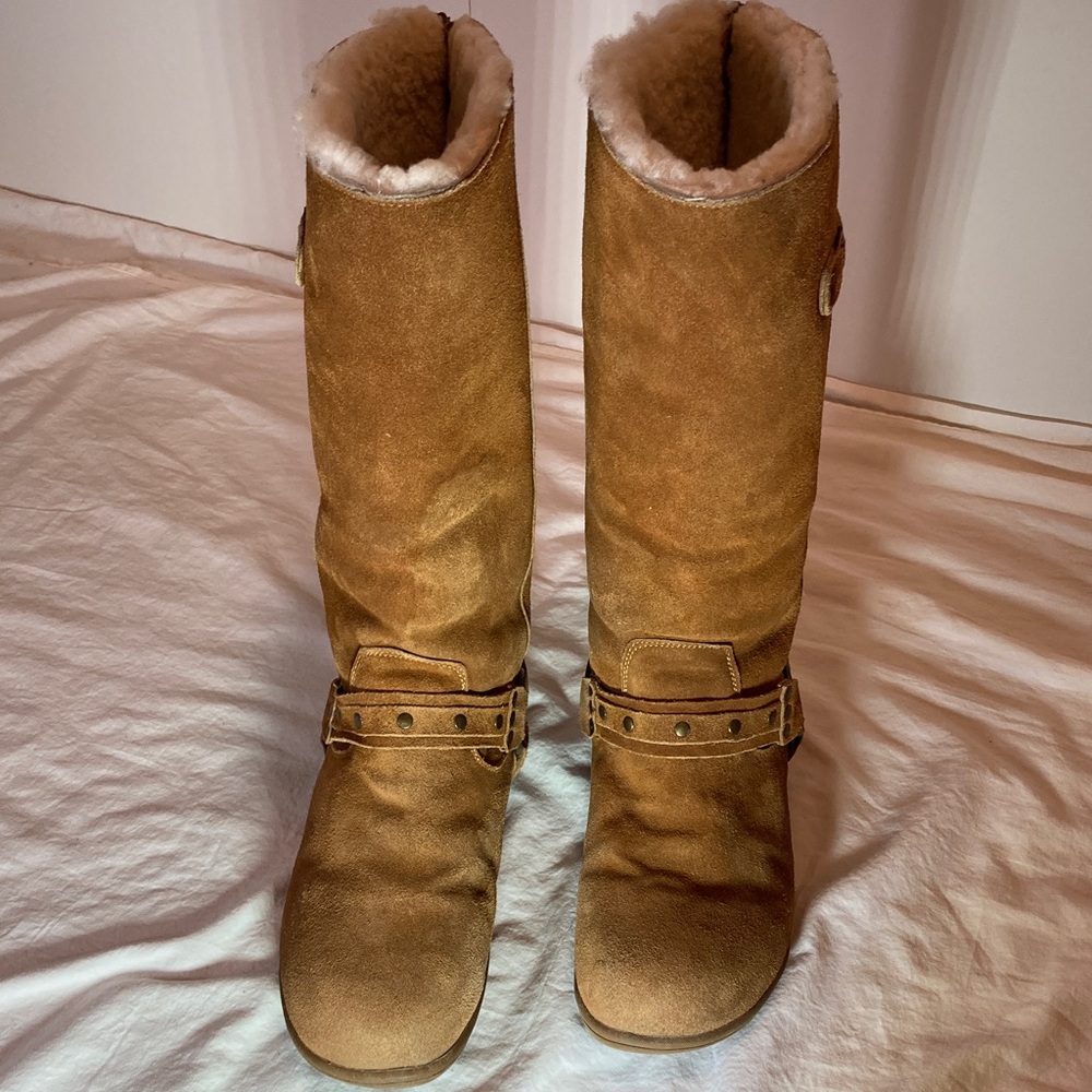 Women's Shearling-Lined Suede Tall Boots - Tan